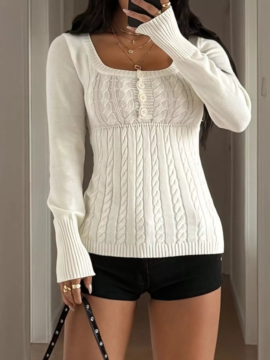 Cable Knit Button-front Fitted Sweater (5)