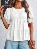 Tiered Round Neck Puff Sleeve Ruched Blouse
