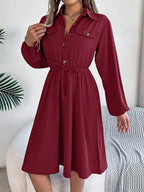 Collared Neck Long Sleeve Dress Pockets (12)