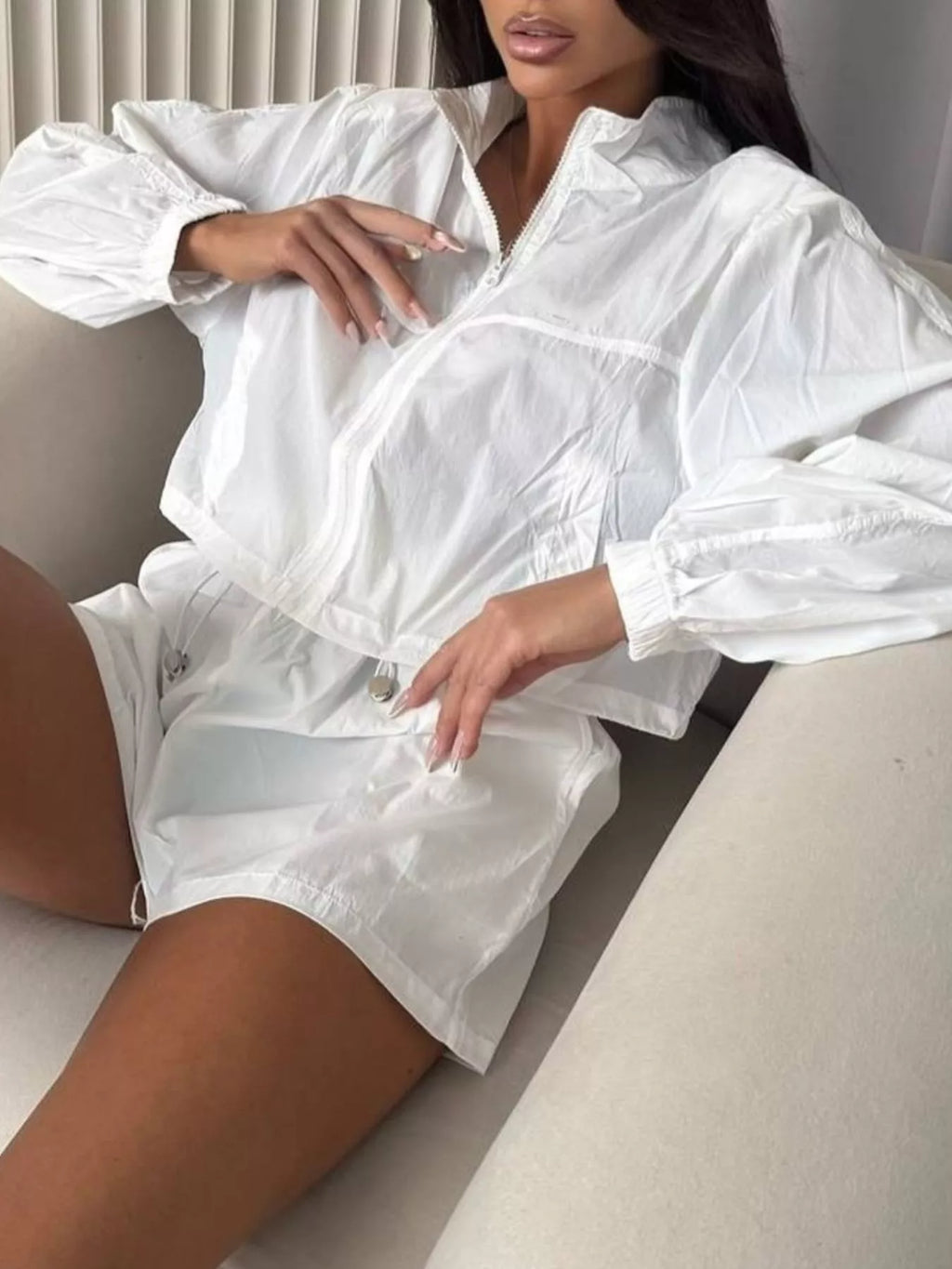 Zip-up Crop Jacket High-waisted Shorts Set (17)