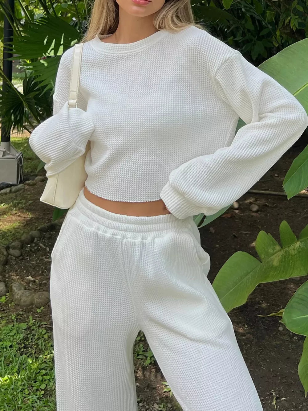 Waffle-knit Round Neck Top Pants Set