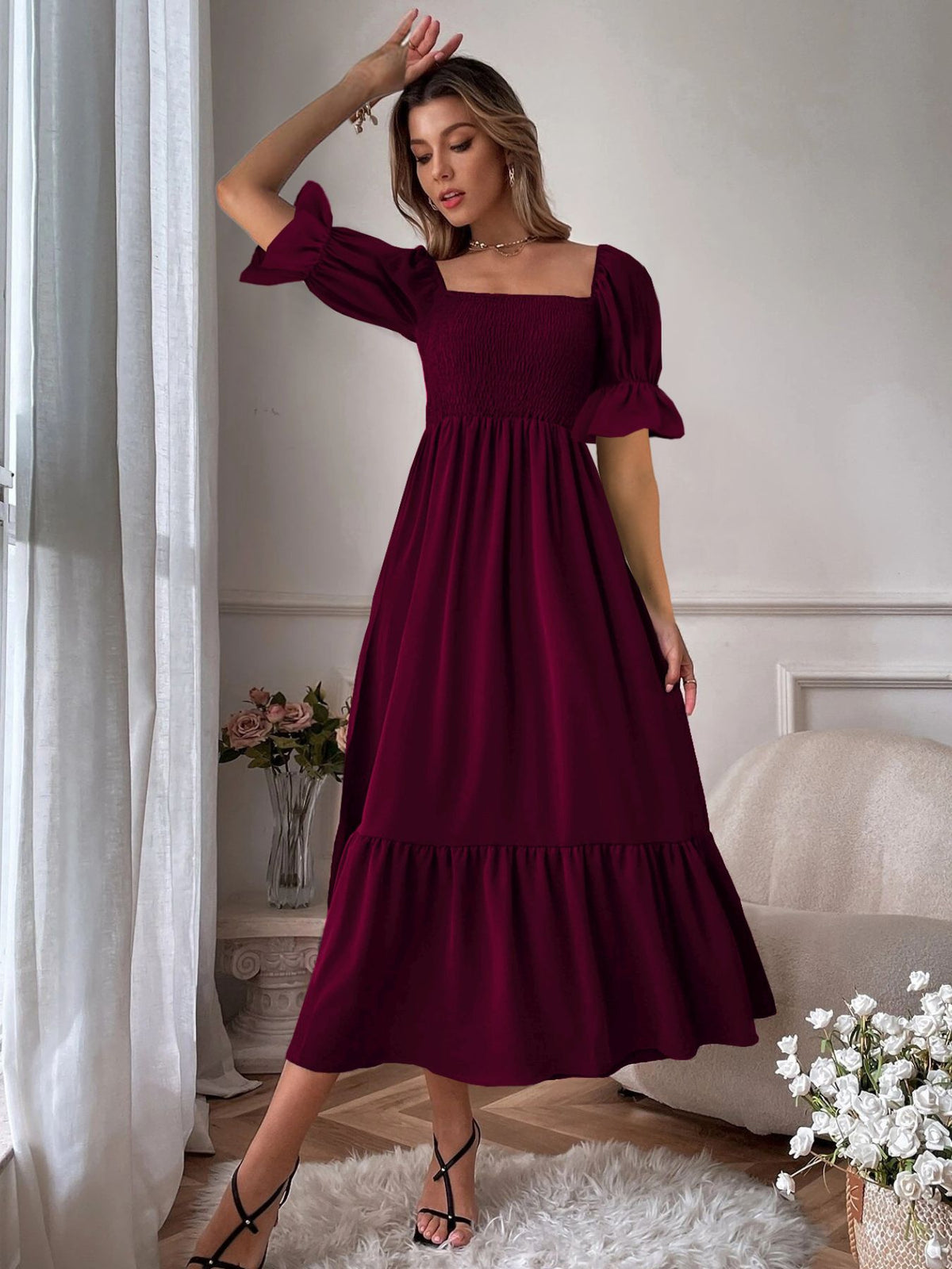 Smocked Long Sleeve Midi Dress (14)