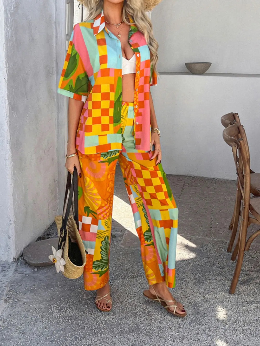 Printed Button Down Shirt Pants Set (17)