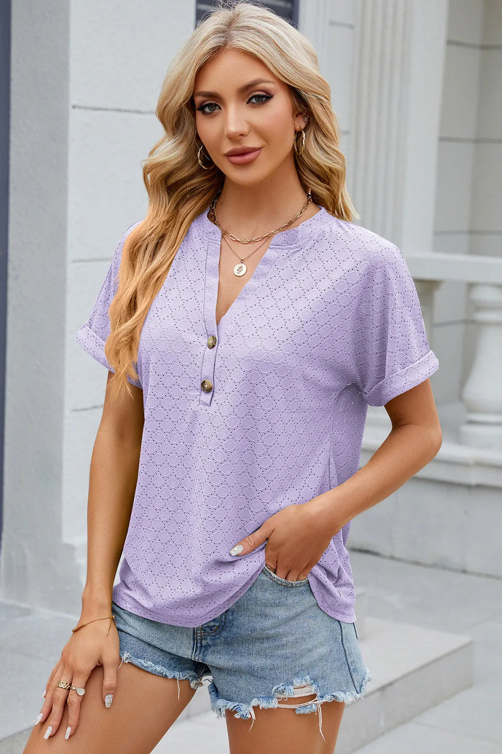 Eyelet Notched Short Sleeve T-shirt (19)
