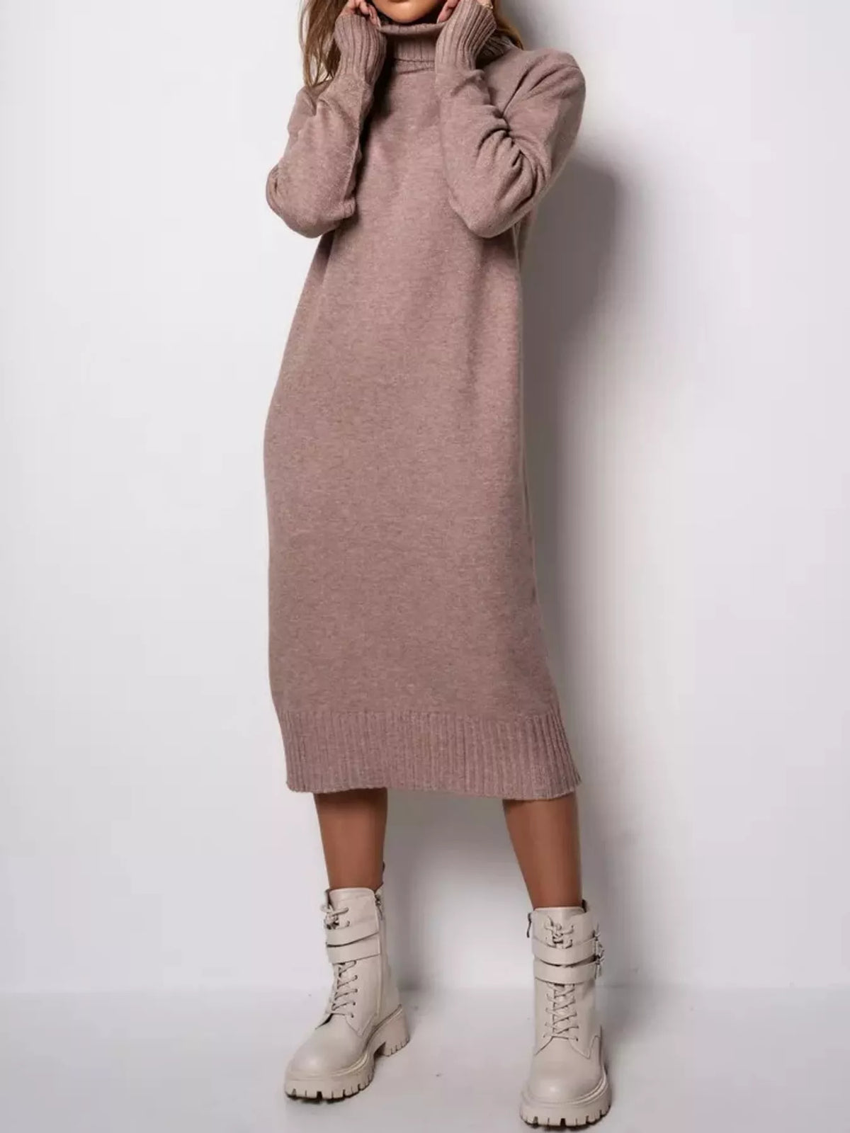 Turtleneck Ribbed Knit Sweater Dress (15)