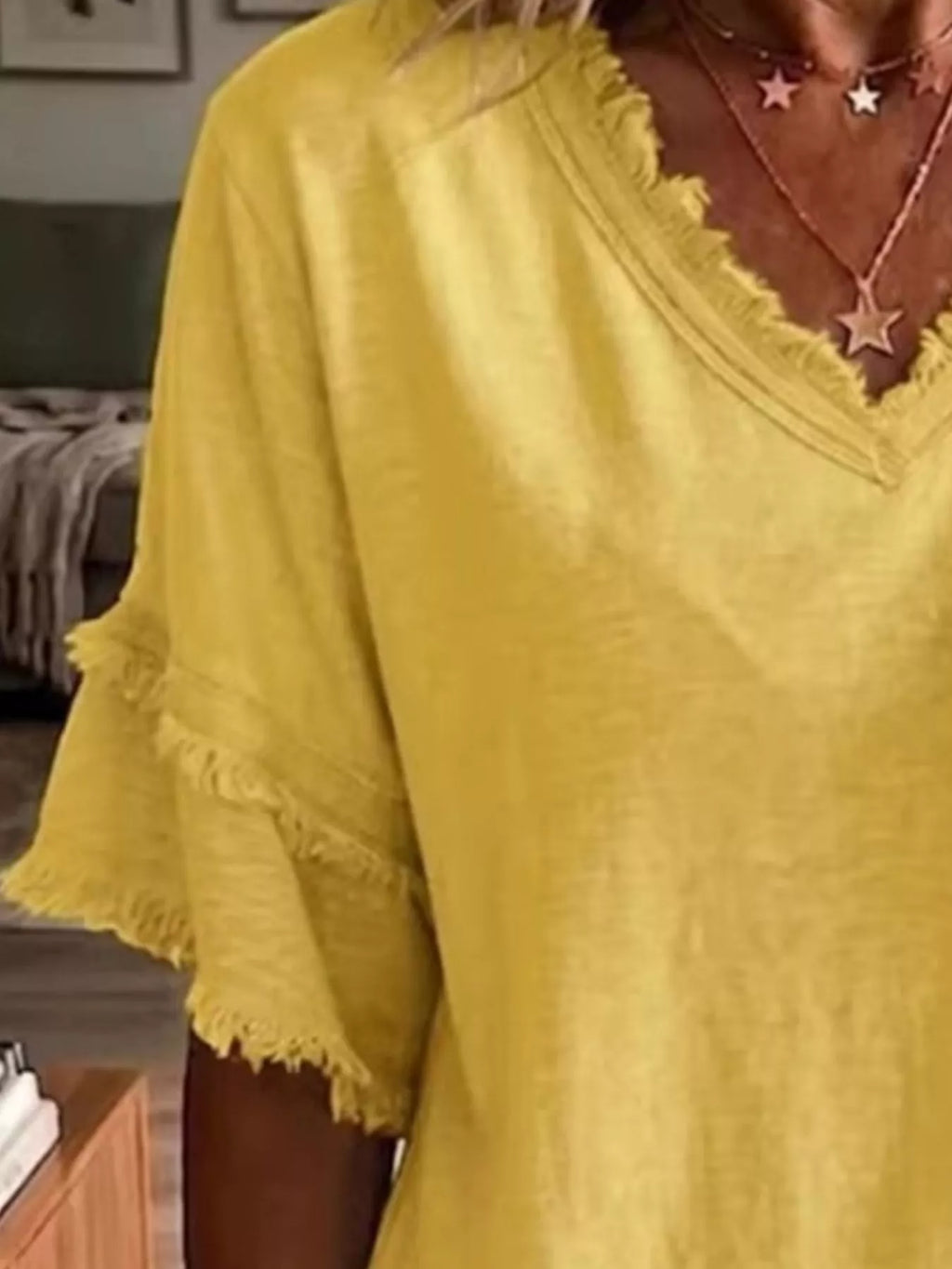 Full Size Frayed Edge V-neck Blouse Plus (8)