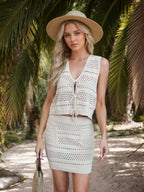 Openwork V-neck Top Skirt Knit Cover Up Set (3)