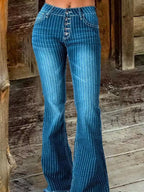 Striped Button Fly Flare Jeans