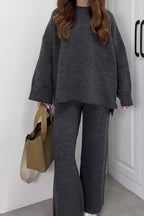 Dropped Shoulder Knit Sweater Wide Leg Pants Set (13)