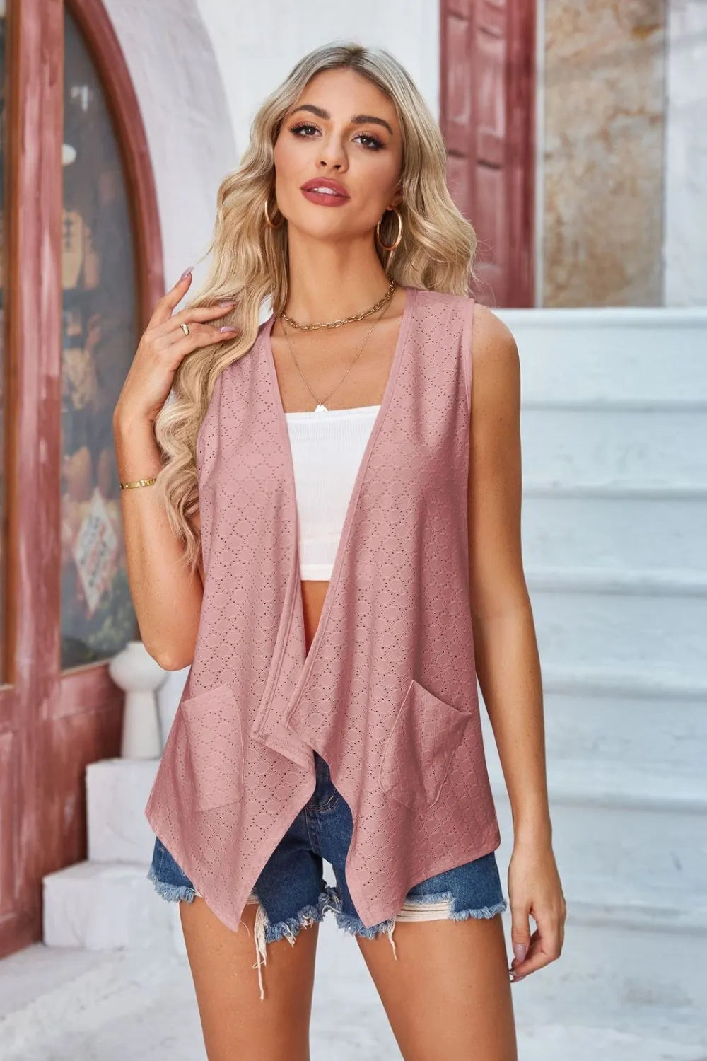 Eyelet Open Front Sleeveless Cardigan (21)