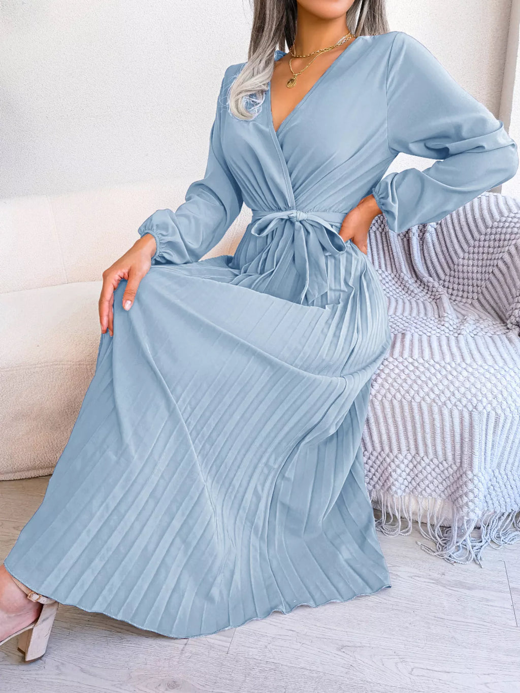 Elegant Pleated Front Tie Long Sleeve Dress (6)