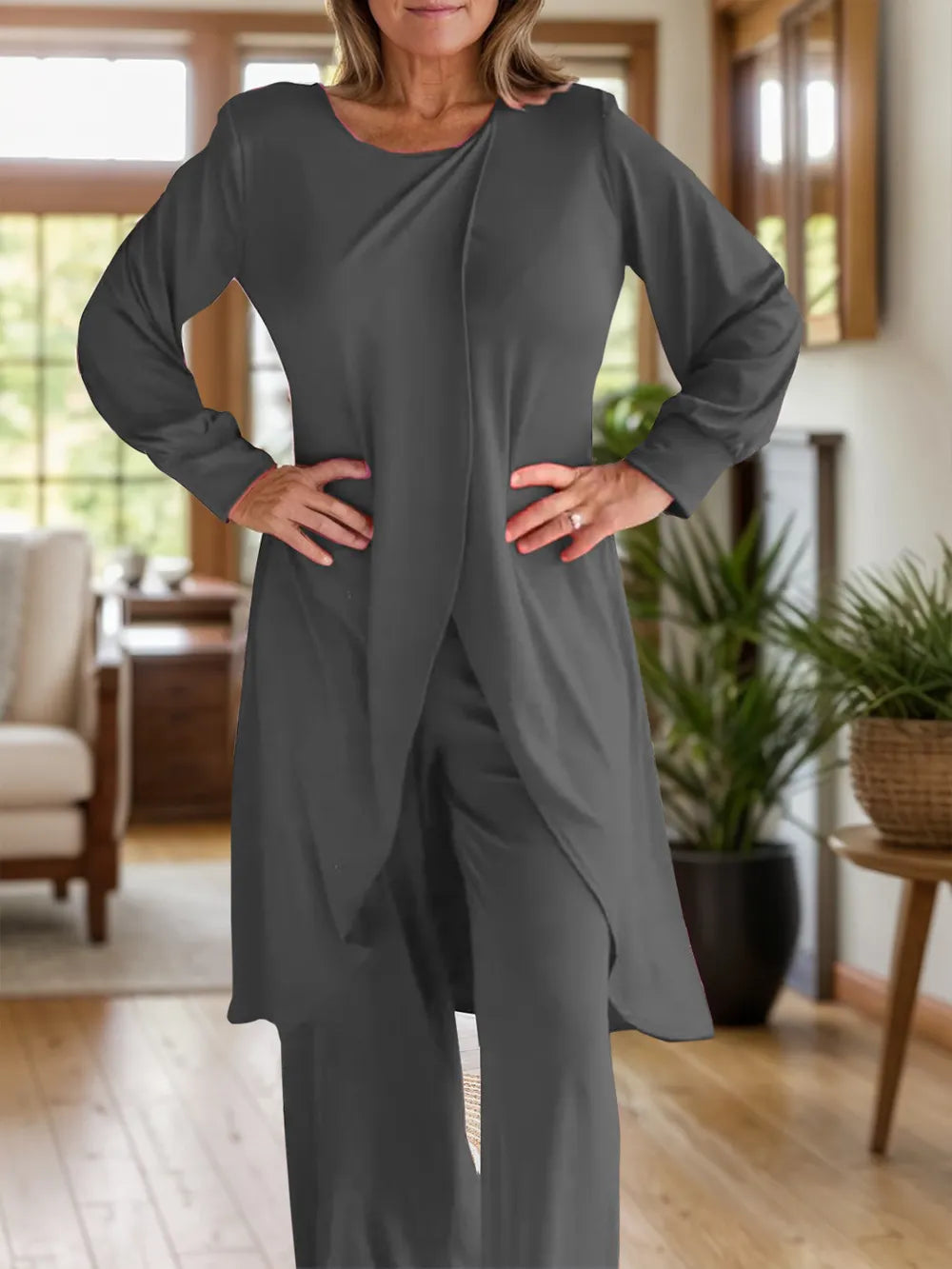 Full Size Slit Round Neck Long Sleeve Top Pants Set (12)