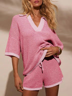 Collared Neck Contrast Striped Top Shorts Sweater Set