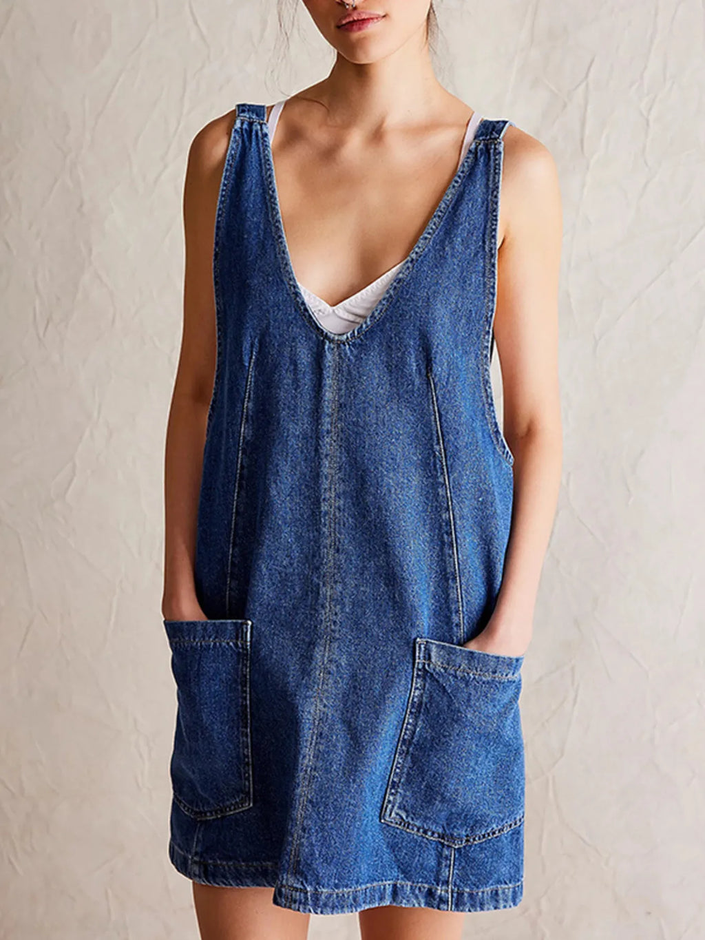 Oversized V-neck Denim Tank Dress Front Pockets