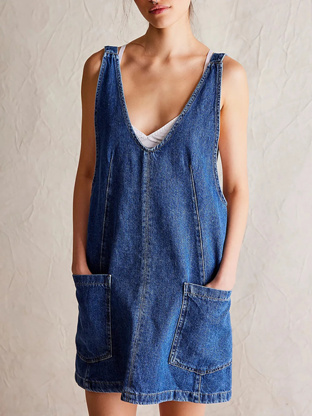 Oversized V-neck Denim Tank Dress Front Pockets