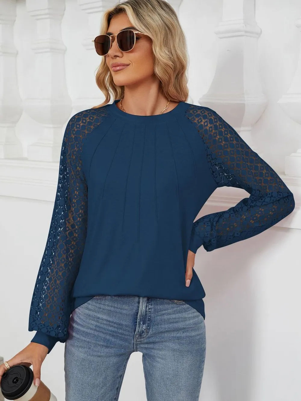 Round Neck Lace Long Sleeve Top (8)