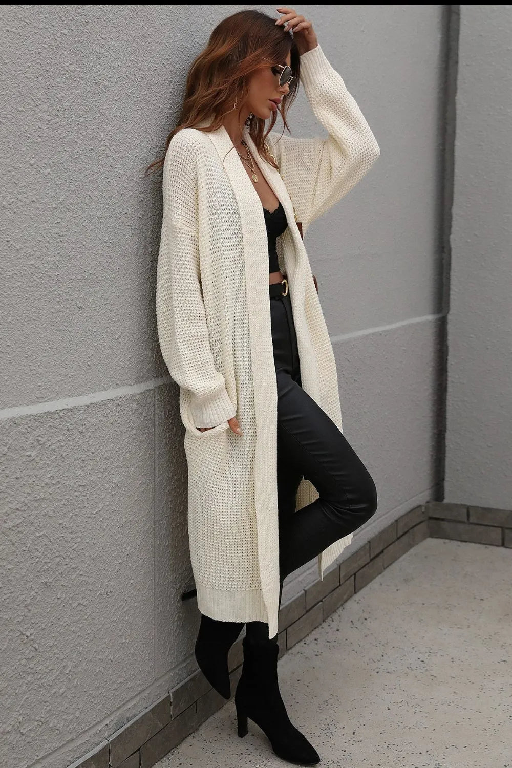 Waffle Knit Open Front Duster Cardigan Pockets (4)