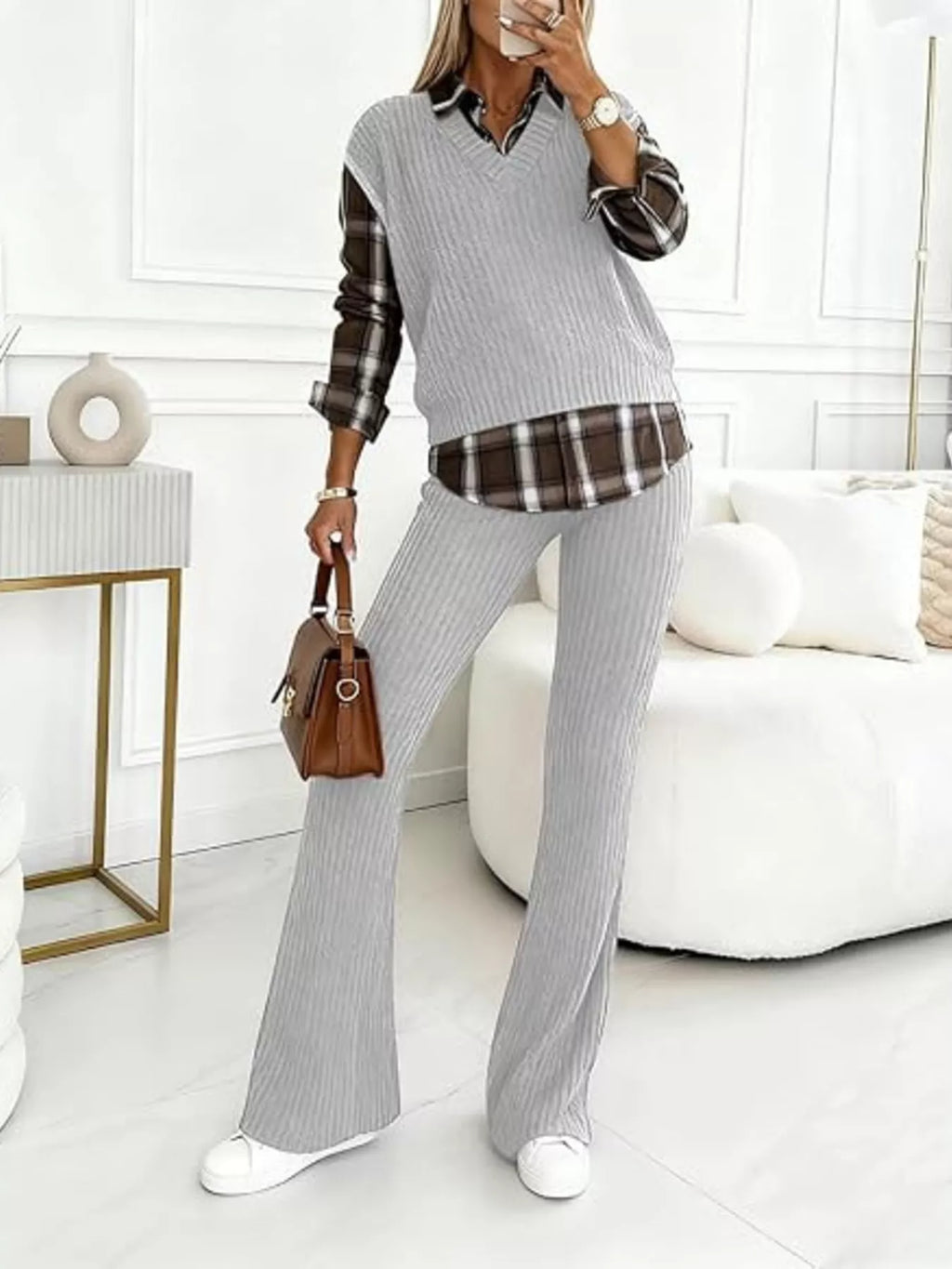 Ribbed Knit Plaid Sleeve Top Pants Set (2)