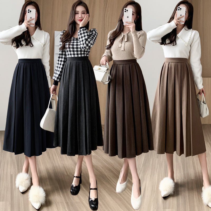 Long Coffee Colored Woolen Word Umbrella Skirt variant CJLY163247201AZ|CJLY163247202BY|CJLY163247203CX|CJLY163247204DW