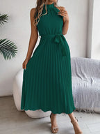 Grecian Neck Tie Waist Pleated Dress (9)