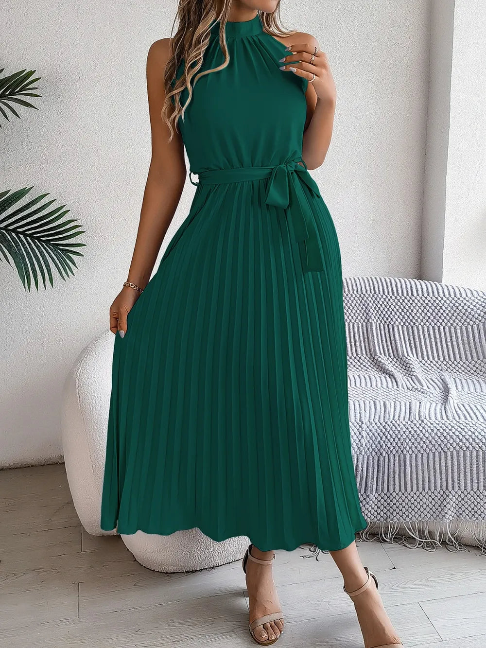 Grecian Neck Tie Waist Pleated Dress (9)