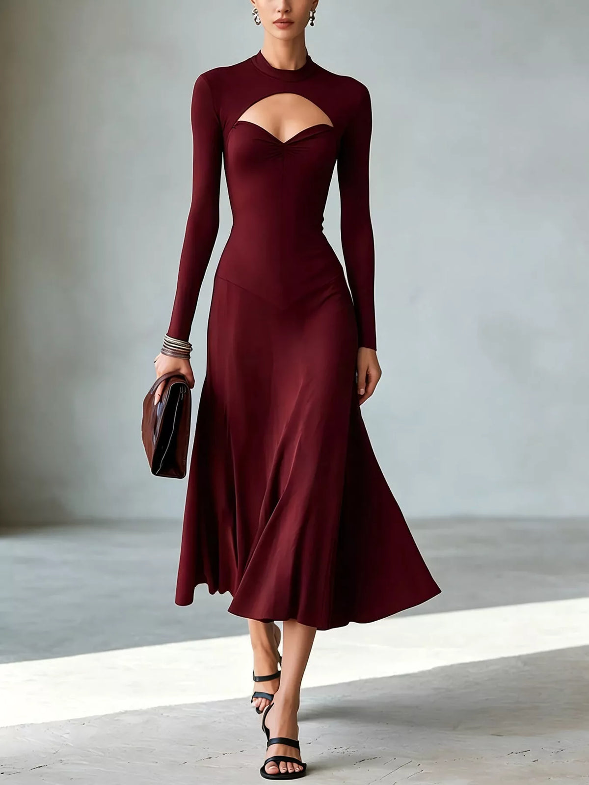 Full Size Mock Neck Cut-out Long Sleeve Midi Dress Plus (13)