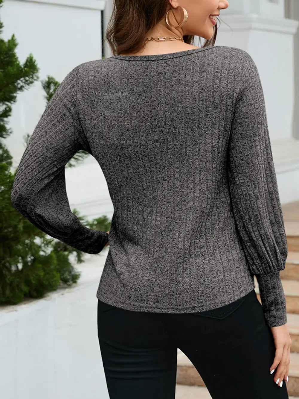 Ribbed Round Neck Lantern Sleeve Knit Top (15)