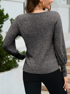 Ribbed Round Neck Lantern Sleeve Knit Top (15)