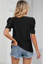 Eyelet Round Neck Puff Sleeve T-shirt (9)