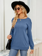 Ruched Shoulder Round Neck Long Sleeve Sweatshirt (10)