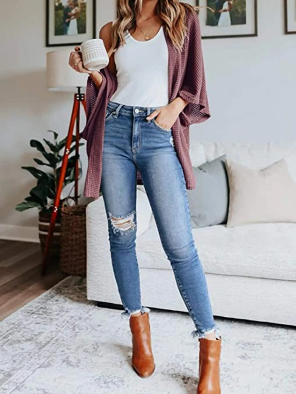 Full Size Open Front Waffle Knit Cardigan Plus (36)