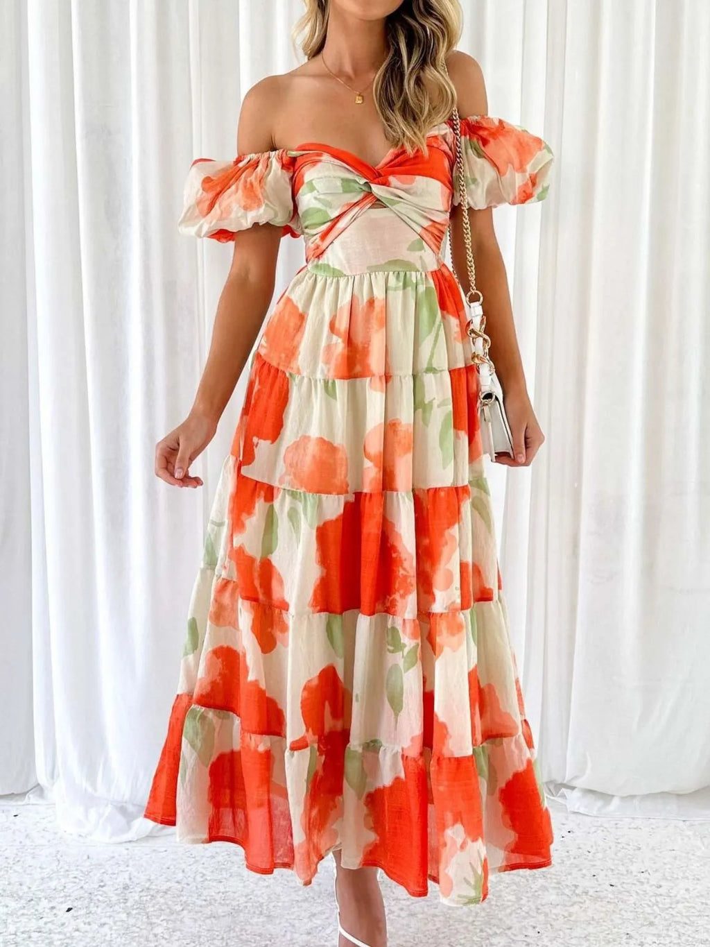 Off-shoulder Floral Tiered Dress Ruffle Details