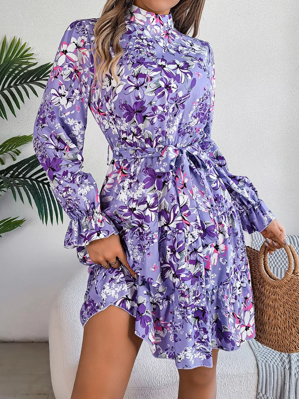 Printed Mock Neck Flounce Sleeve Mini Dress (6)