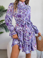 Printed Mock Neck Flounce Sleeve Mini Dress (6)