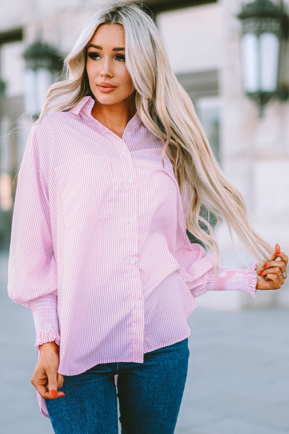 Striped Lantern Sleeve Collared Shirt (11)