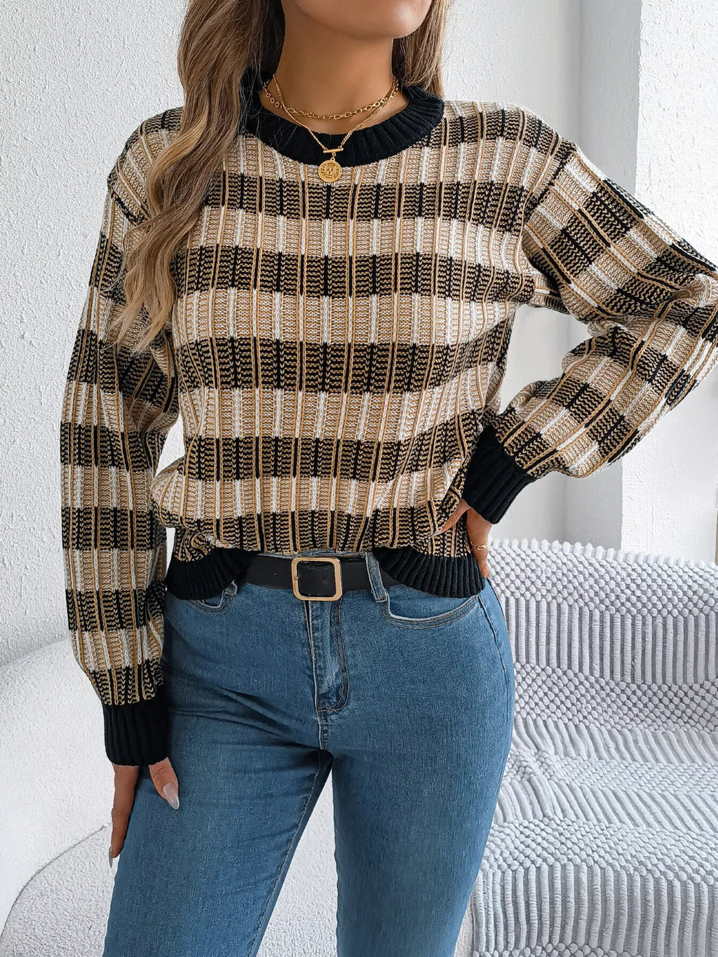 Striped Round Neck Long Sleeve Sweater (8)