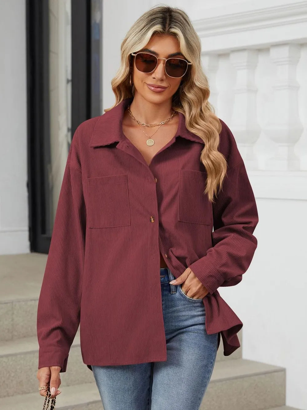 Button Up Dropped Shoulder Long Sleeve Outerwear (8)