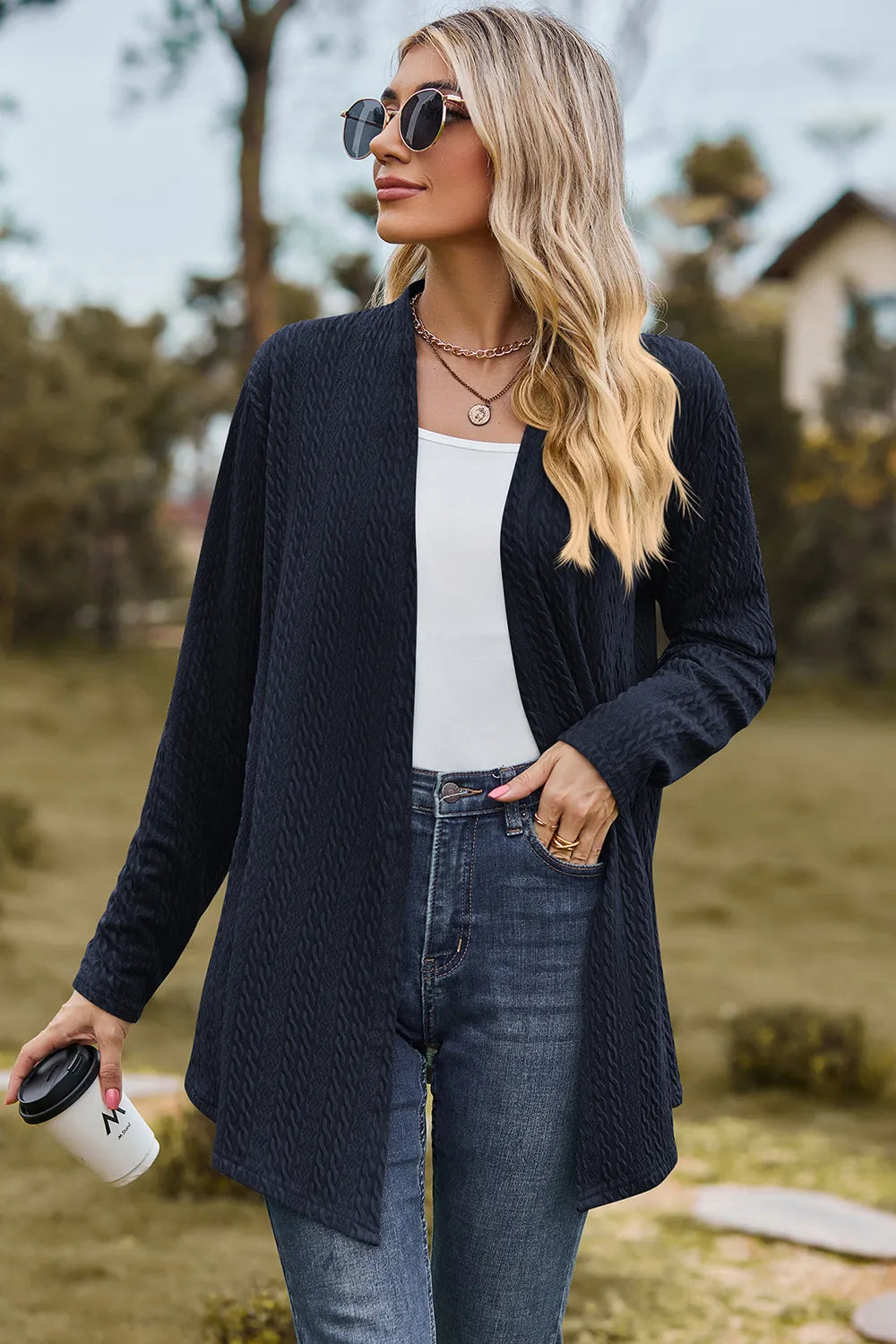 Textured Open Front Long Sleeve Cardigan (5)