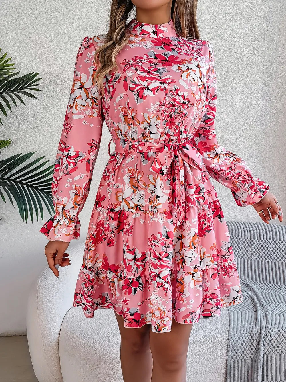 Printed Mock Neck Flounce Sleeve Mini Dress (4)