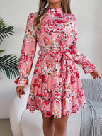 Printed Mock Neck Flounce Sleeve Mini Dress (4)