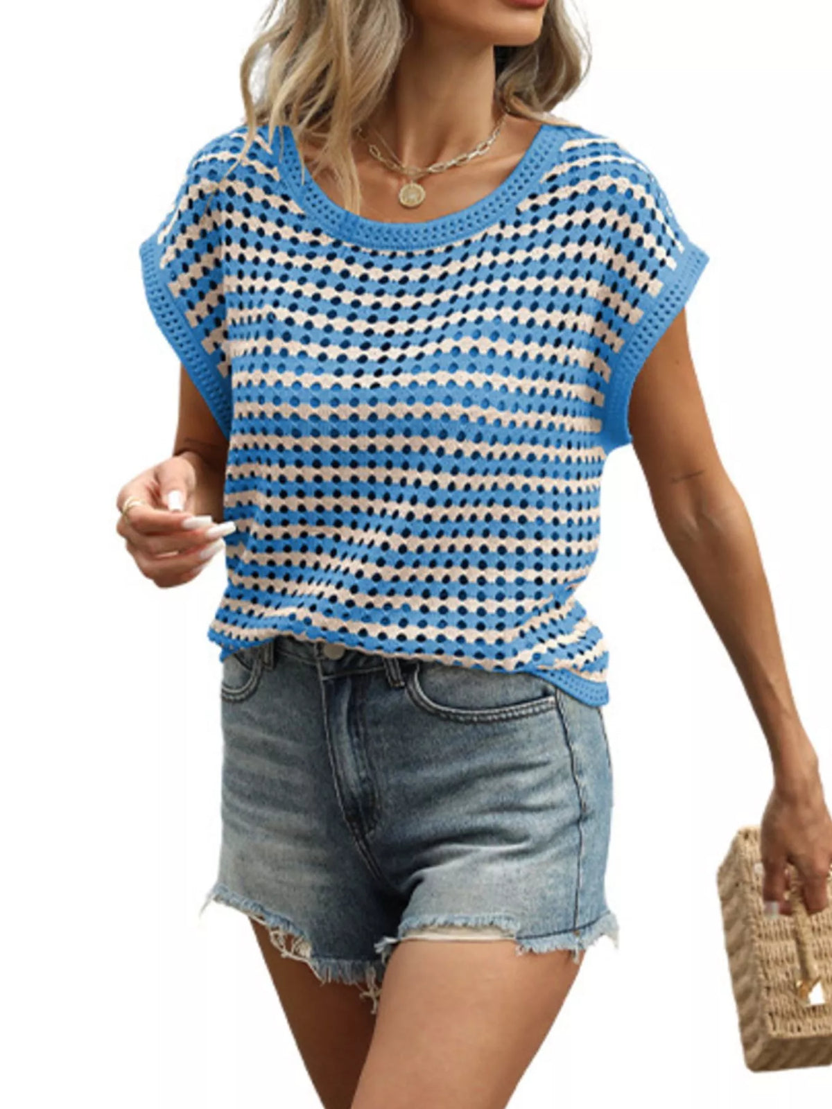 Striped Hollow Out Knit Top (2)