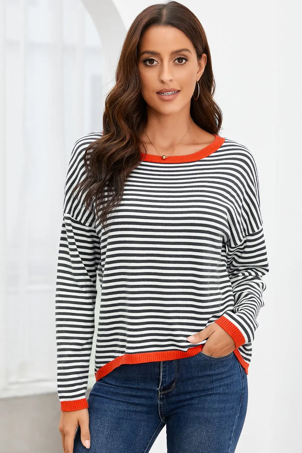 Striped Round Neck Drop Shoulder T-shirt (12)