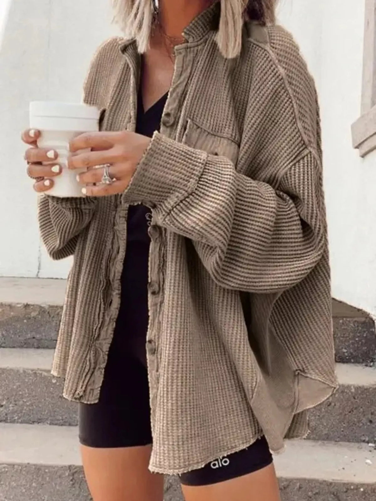 Oversized Waffle Knit Button-up Jacket (13)