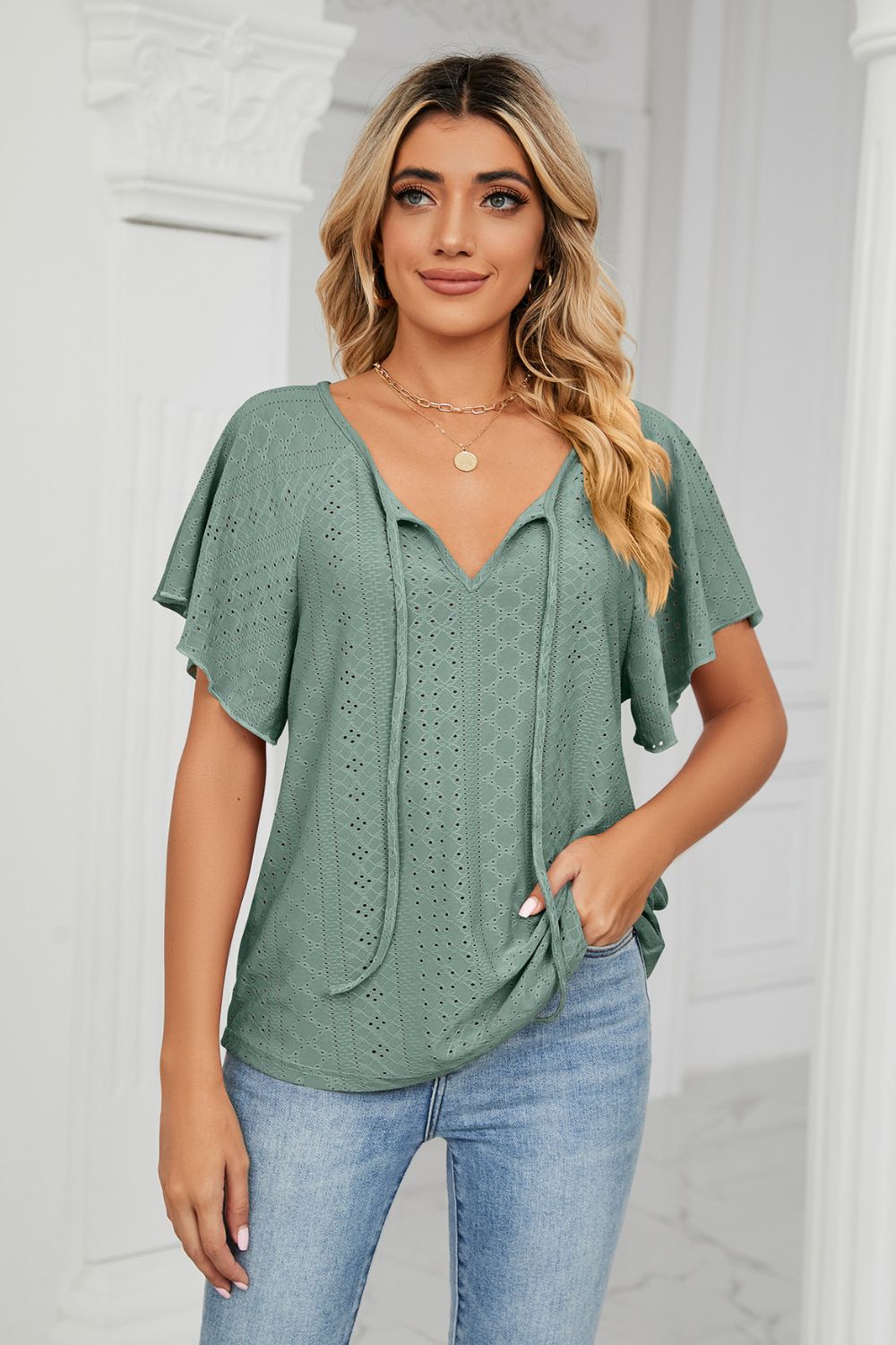 Eyelet Tie-neck Flutter Sleeve Top (5)