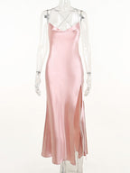 Slinky Satin Cowl Neck High Slit Dress Back Lace Up (10)