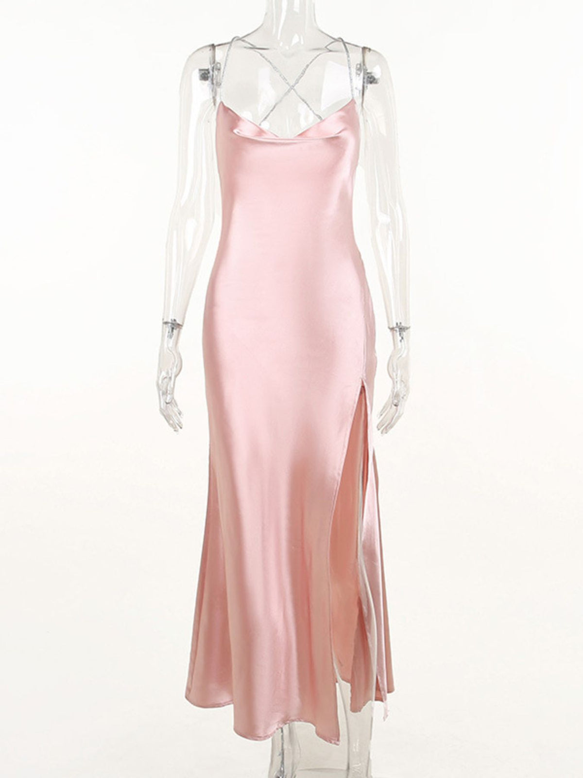 Slinky Satin Cowl Neck High Slit Dress Back Lace Up (10)