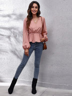 V-neck Balloon Sleeve Peplum Blouse (5)