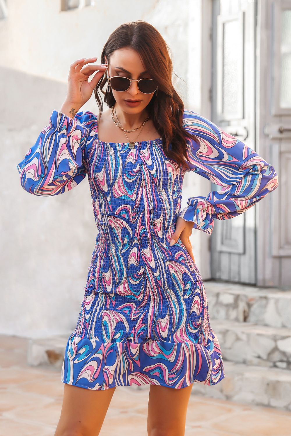 Abstract Print Square Neck Smocked Dress (4)