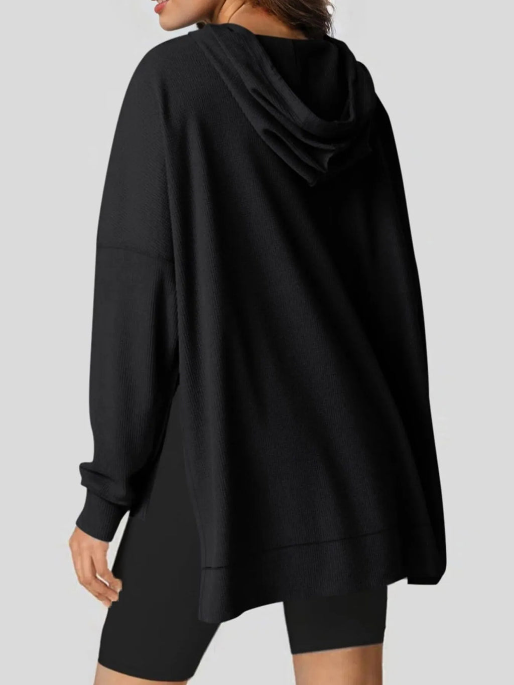 Slit Drawstring Waffle Knit Hoodie (8)
