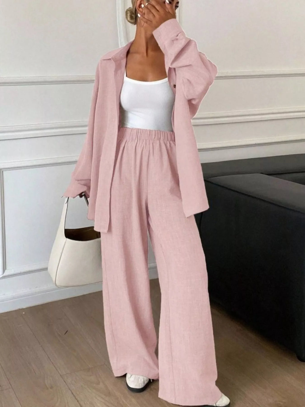 Button-down Shirt Wide-leg Pants Set (33)